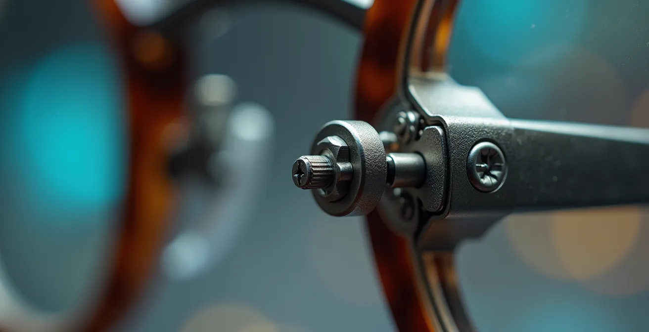Vue macro d'une charnière de lunettes montrant les détails mécaniques et la qualité d'assemblage