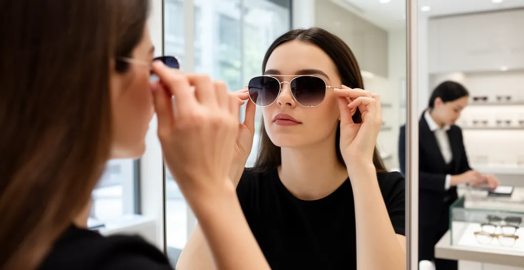 Femme ajustant des lunettes de soleil devant un miroir dans une boutique optique