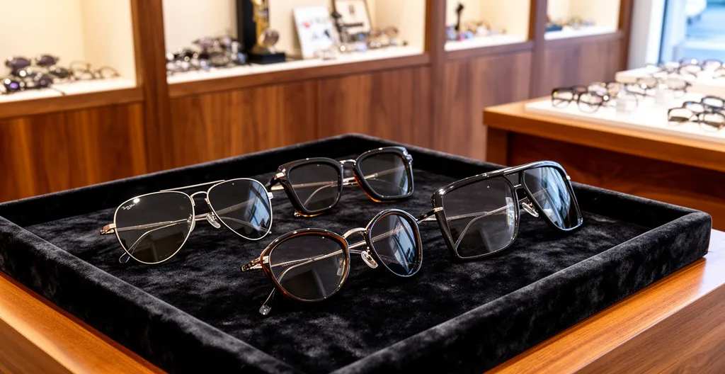 Présentoir de lunettes Saint Laurent alignées sur plateau velours dans une boutique optique