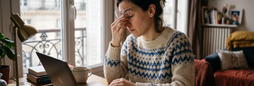 Une femme porteuse de lunettes se frotte les yeux fatigués devant son ordinateur portable.