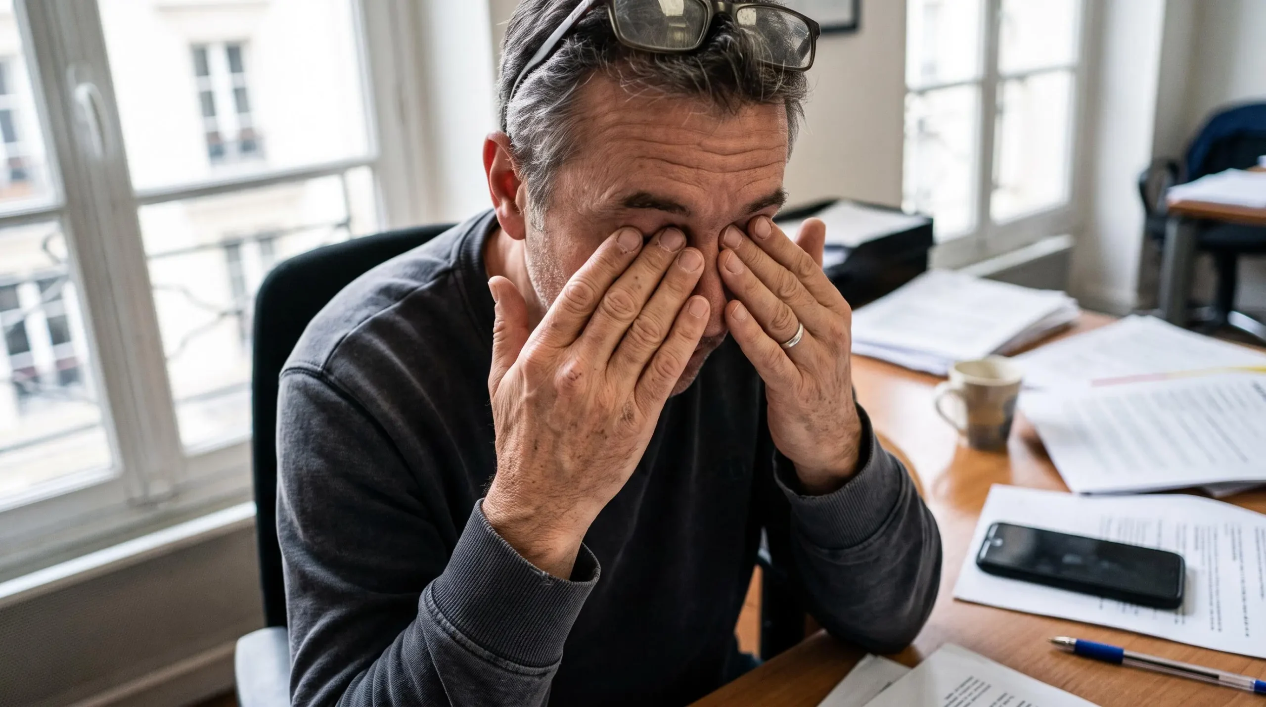 Un homme se pince les yeux fatigués au bureau, ses lunettes relevées sur le front.
